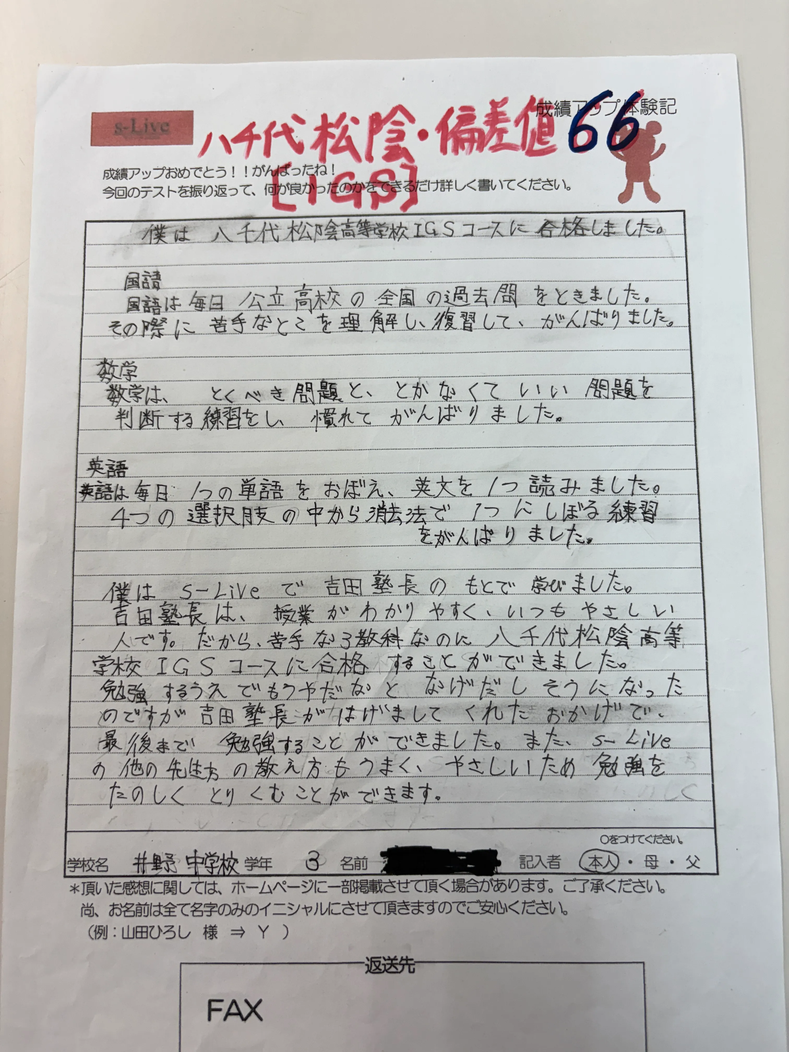 八千代松陰IGS(偏差値66)合格