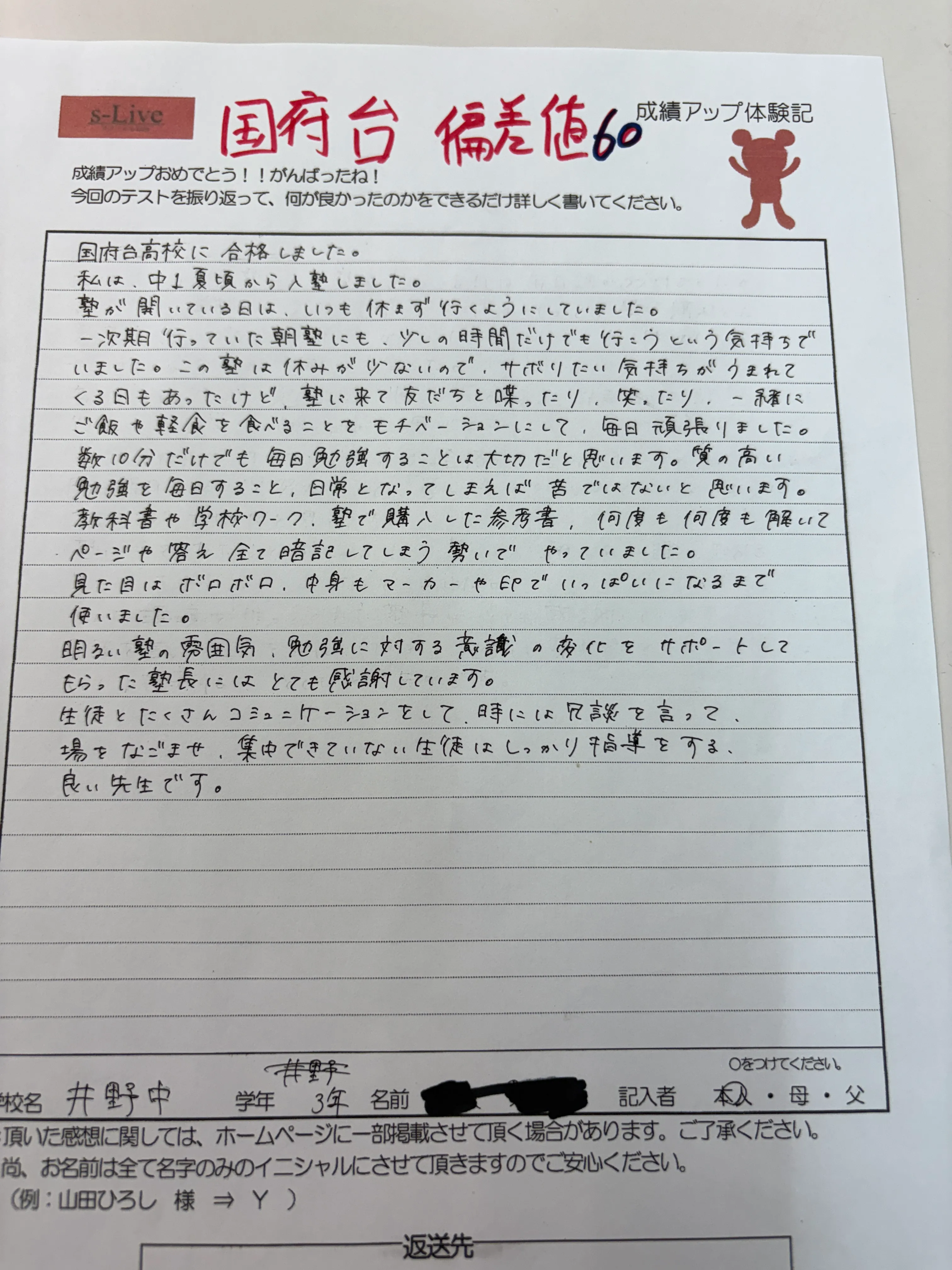 県立国府台高校(偏差値60)合格