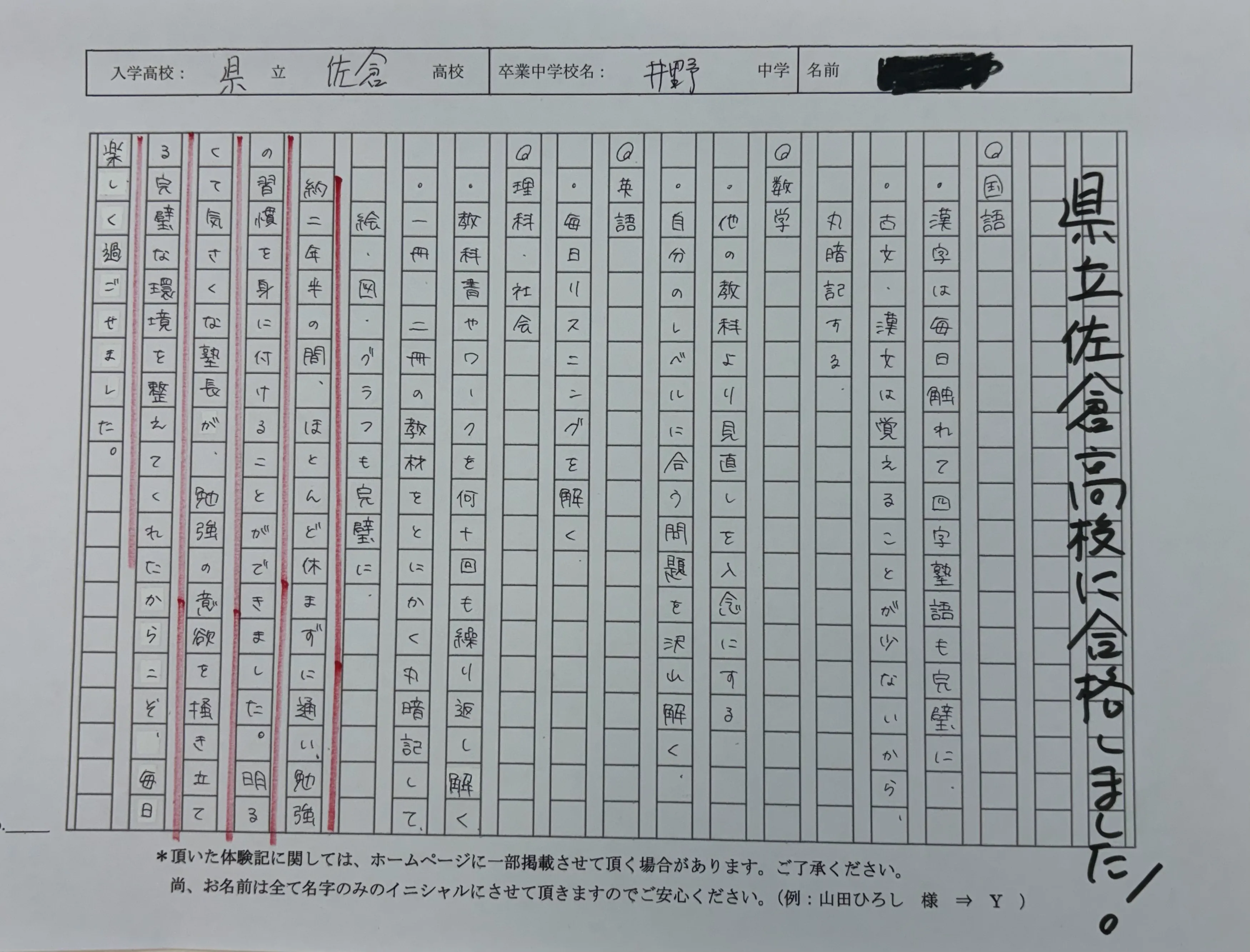 県立佐倉高校(偏差値67)合格