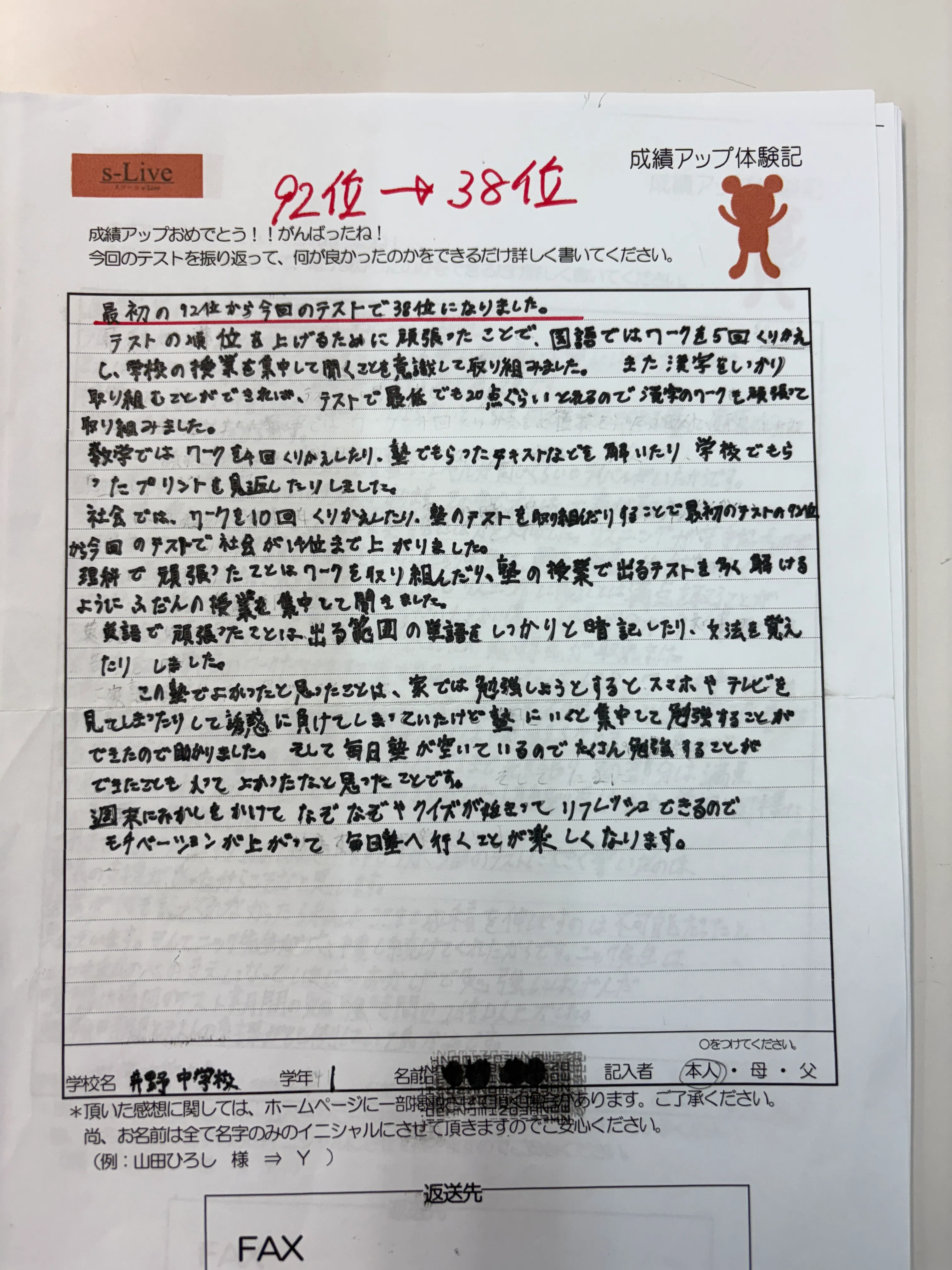 学年順位92位から38位へ急上昇