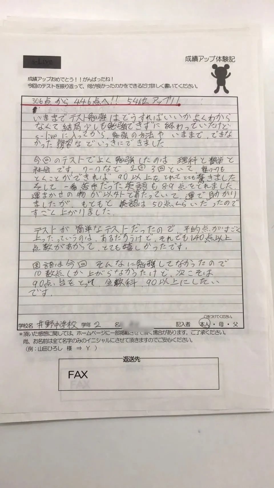 5科目合計306点から446点 学年順位54位UP